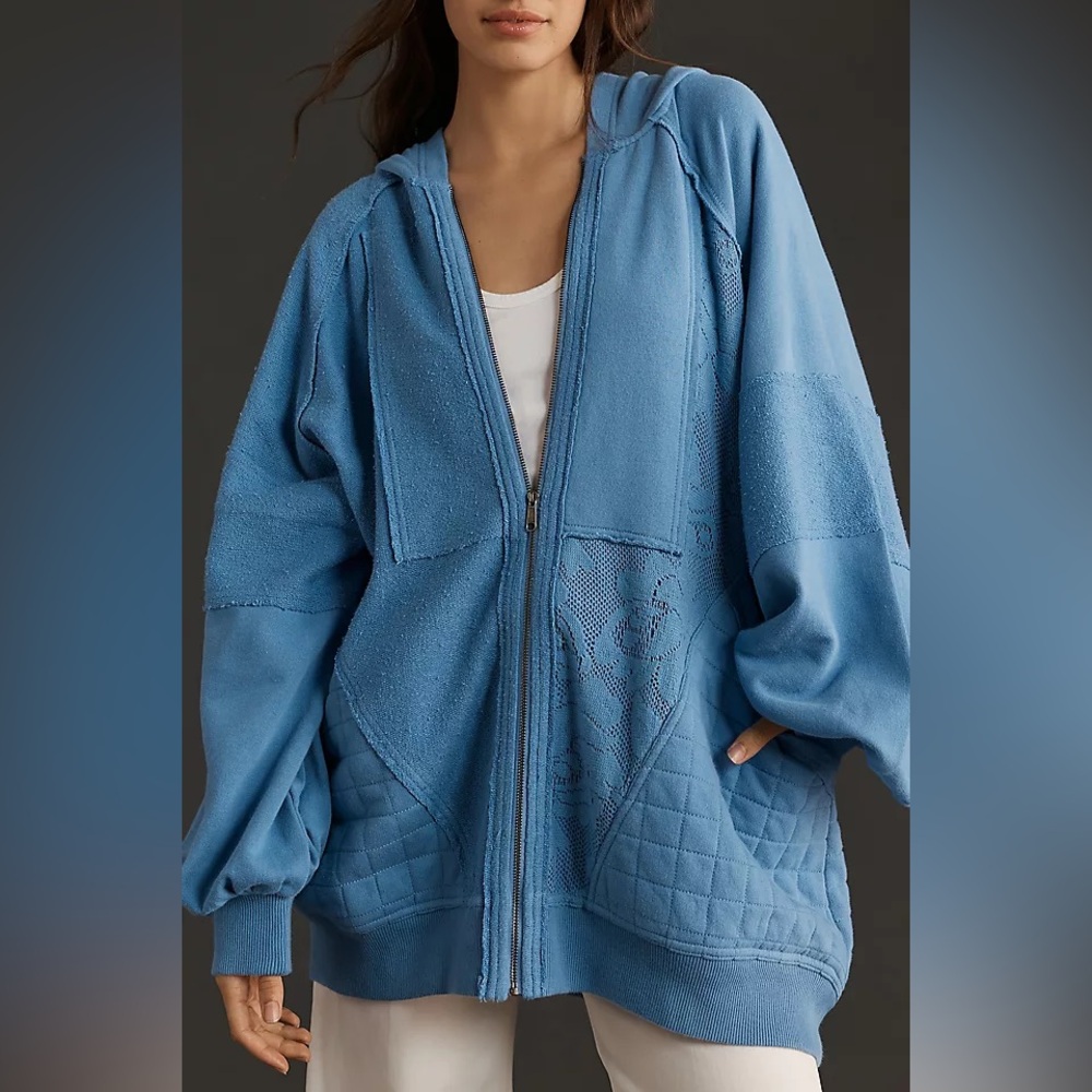 Pilcro Anthropologie Oversized patchwork Blue embroidered hoodie jacket